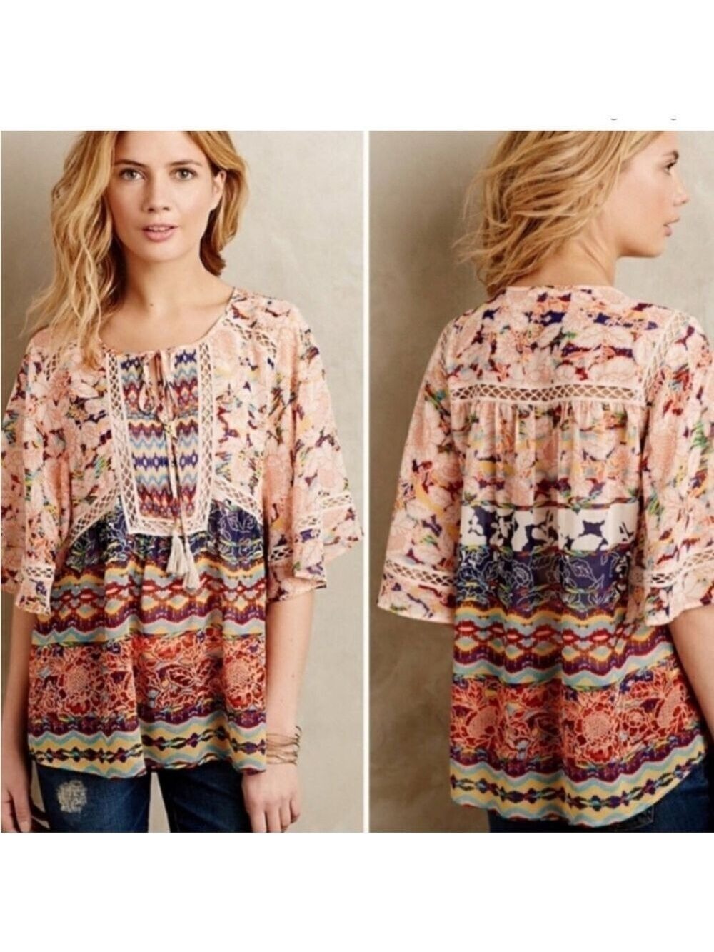 ANTHROPOLOGIE Meadow Rue Flowy Lace Multicolor Floral Bohemian Top
